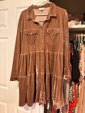 Umgee Velvet Tiered Button-Front Dress in Brown